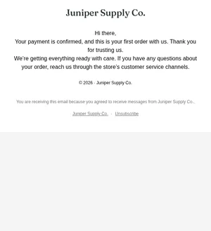 Preview of the First purchase welcome · email 1 template