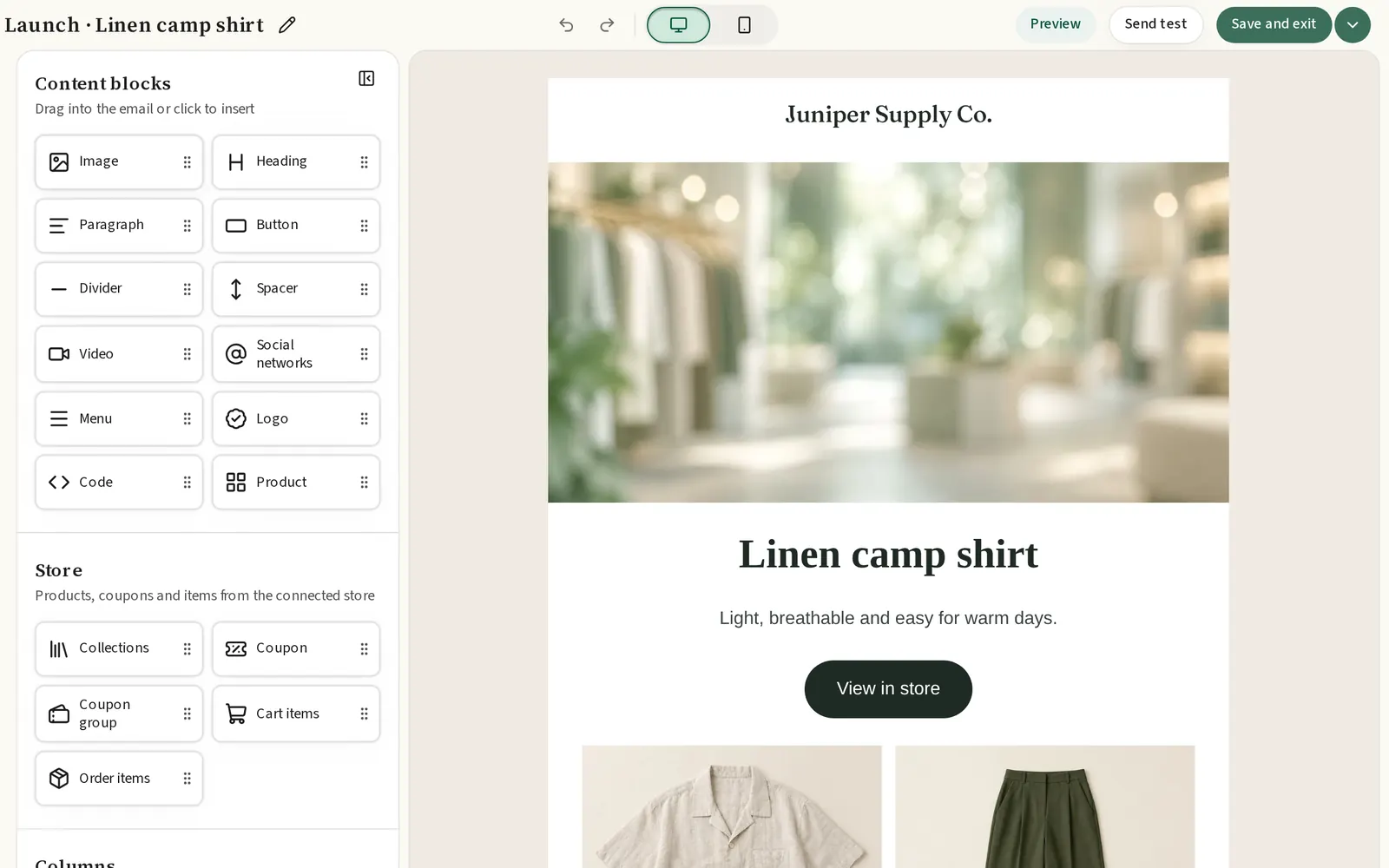 Email editor example: editing the blocks and products in a campaign