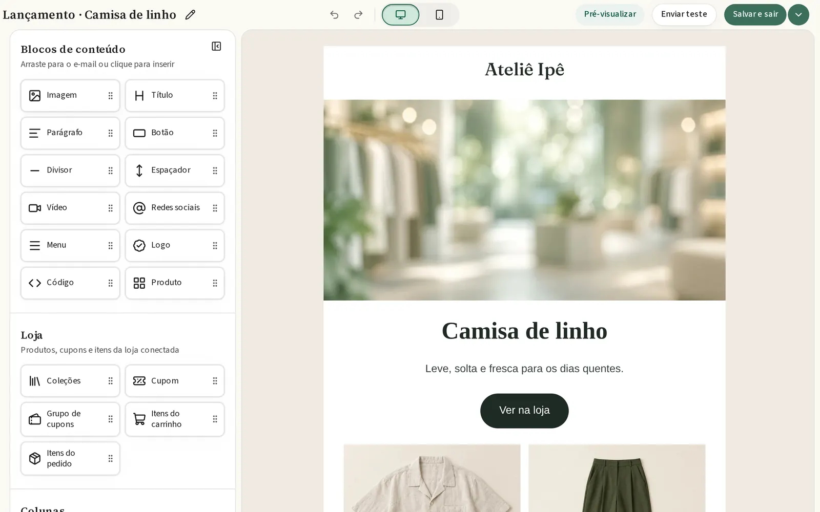 Exemplo do editor de e-mail: edição dos blocos e dos produtos de uma campanha